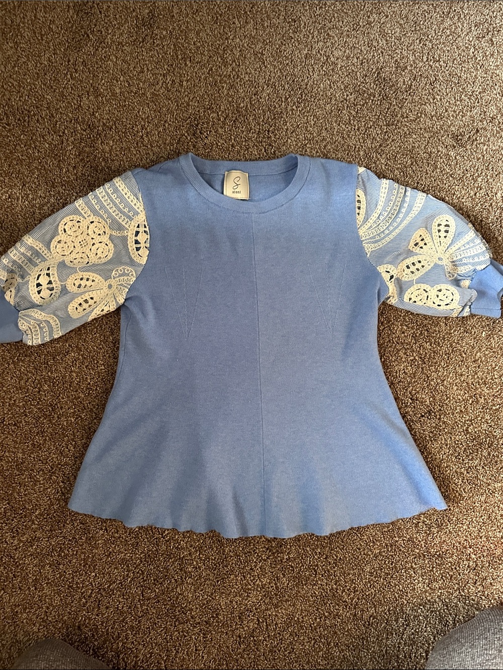 Blue Knit Top with Cream Lace Sleeves